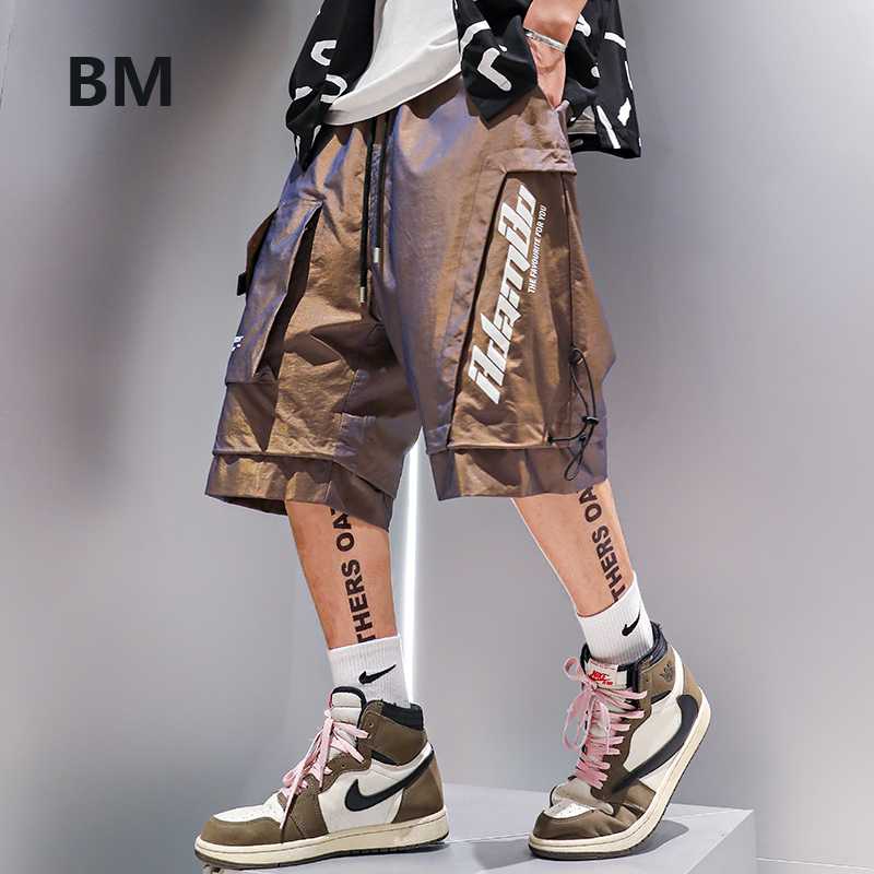 

Summer Cargo Shorts Men Fashion Hip Hop Letter Print Colorful Reflective Pants Korean Style Clothes Streetwear Mens Clothing, Red