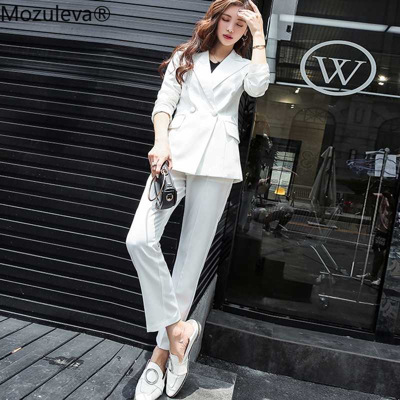 

BornSra Classic Double Breasted White Women Pant Suits Notched Collar Blazer Jacket & Straight Pants Office Ladies Female Sets, Black