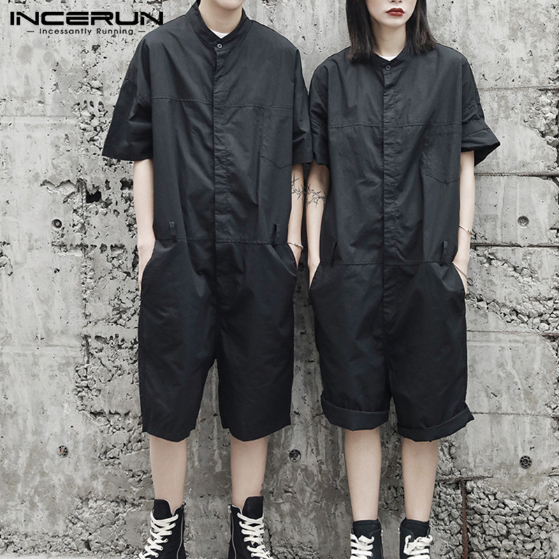 

Rompers Mens Cargo Overalls Loose Solid Color Streetwear Punk Style Shortsleeve Playsuit Men Jumpsuit Pants -5XL, Black