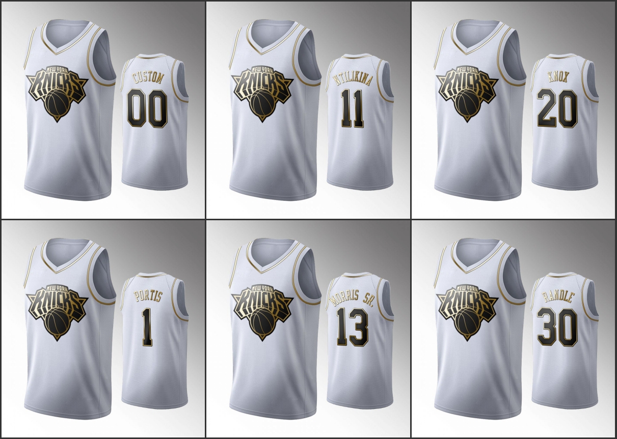 

New York Knicks Men Marcus Morris Sr. Kevin Knox Julius Randle Taj Gibson NBA White Custom 2019-20 Golden Edition Jersey, Black