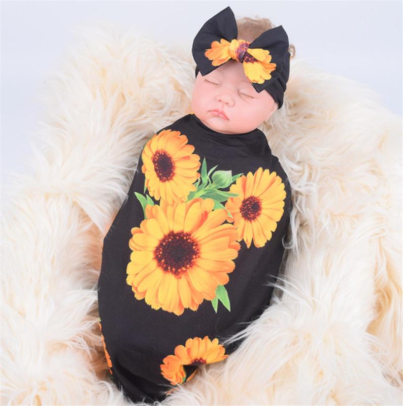 

Infant 2 Piece Sleep Wrap Sets Sunflower Pattern Blanket Bowknot Headband, White