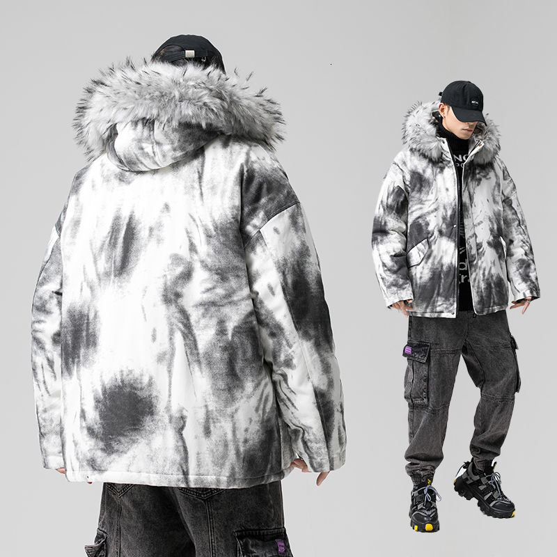 

Winter Plus Cotton Thick Jacket Men's Warm Fashion Fur Collar Hooded Coat Men Parka Loose Tie-dye Short Coat Mens Clothes -5XL, Black