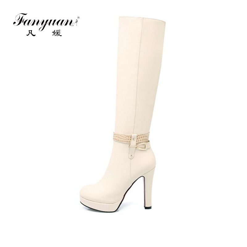 

fanyuan New Women Knee High Boots Metal Buckle Fur Warm Shoes Women Sexy High Heels Winter Boots Platform Shoes Size 33-43, Ivory velvet