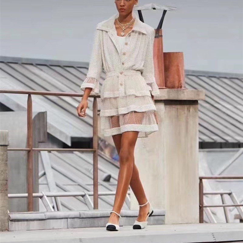 

2020 Autumn Runways Women' High Quality 100%Silk lining tweed dress women elegant Polka dot mesh patchwork Ruffles dress C062, As picture