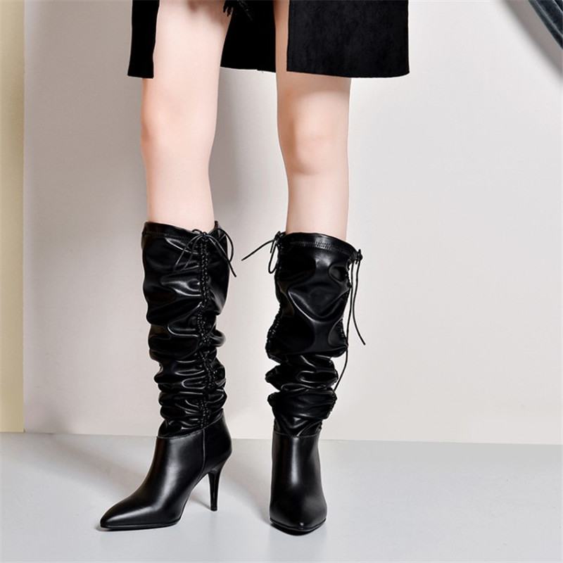 

Brand Shoes Novelty Pleated Microfiber Women Knee High Boots Sexy Pointy High Heel Slip-on Stiletto Silver Wrinkle Party Shoes, Black