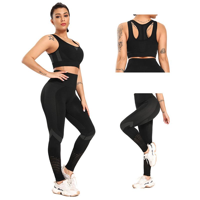 

Seamless Yoga Set for Women Gym Clothing Bra+Pants Fitness Strap High Waist Leggings Crop Top Sport Suits Workout Sweatsuit 2pcs, Black