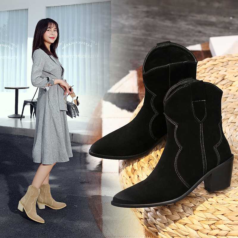 

2020 Square Heel Scrub PU Leather Slip on Ankle Boots Pointed Toe Sewing Autumn Winter All Match Women Shoes Size 34-43, Black