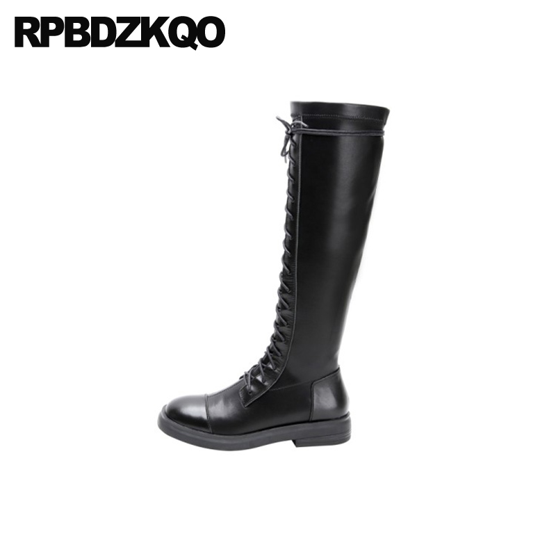 

autumn shoes women black long knee high lace up boots winter round toe casual chunky low heel genuine leather tall, Beige
