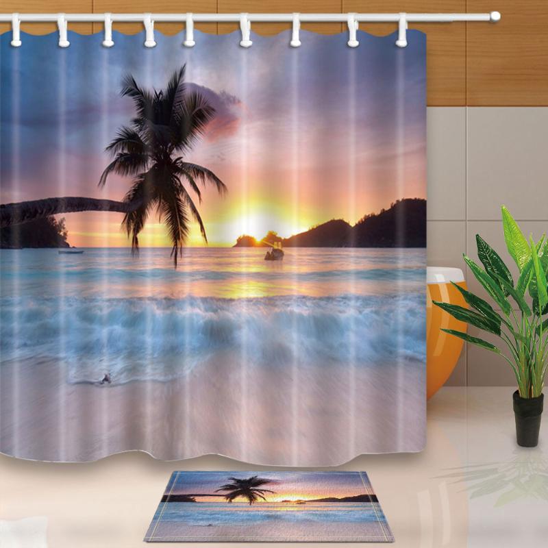 

Seascape Shower Curtain Palm Tree Sunset Bathroom Curtains Waterproof Mildew Proof Polyester Fabric for Curtains With 12 Hooks