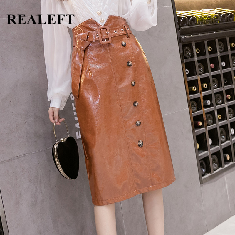 

REALEFT 2020 New High Waist PU Leather Skirts Women Skirt Vintage Back Split Singe Button With Belt Pencil Midi Skirts Female, Black