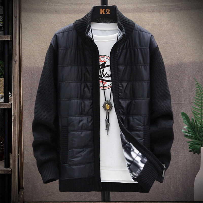 

Autumn Winter Mens Cardigan Pocket Warm Mandarin Collar Patchwork Thick Comfortble Coat Knitted Casual Male Sweater Pull Homme, Black