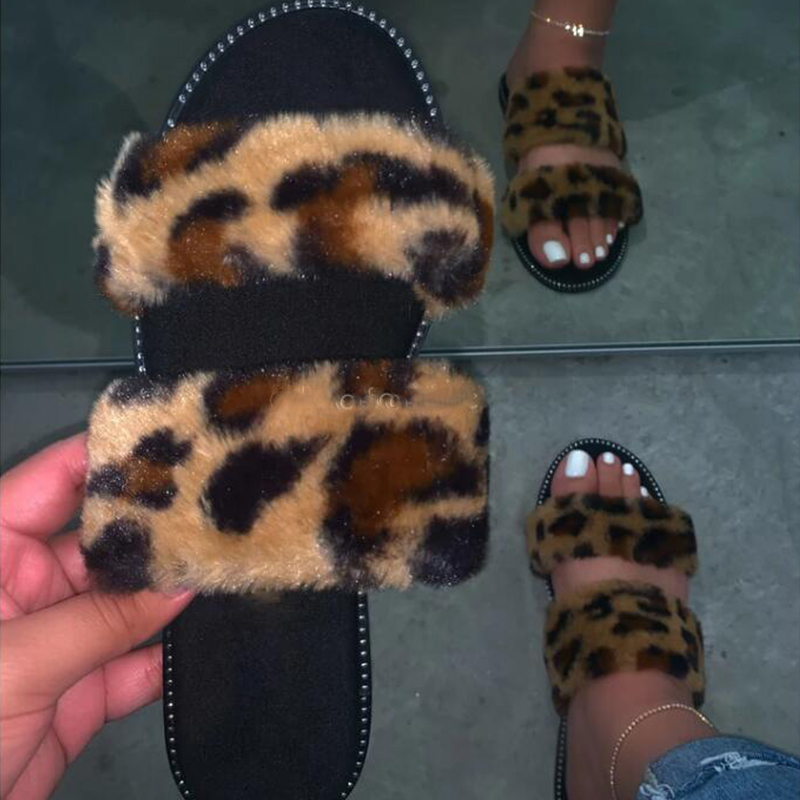 

Leopard Fur Slippers Home Wild Hair Slippers Pink Warm Sandals Female 2020 New Streetwear Flip Flop Flat with Interior, Black