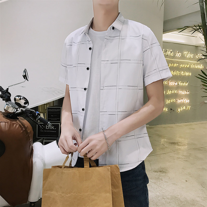 

style shirt male short sleeve Japanese retro summer men Korean version slimming hundred trend students thin shirt man 2019, Blue