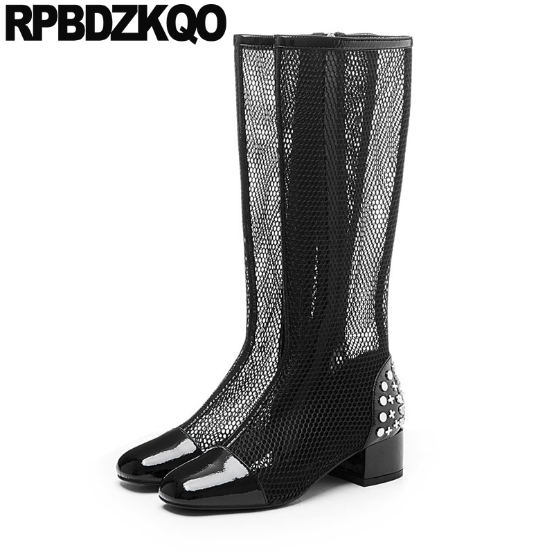 

mesh sandals black rivet knee high wide calf summer designer shoes women luxury 2020 boots handmade chunky trend stud square toe