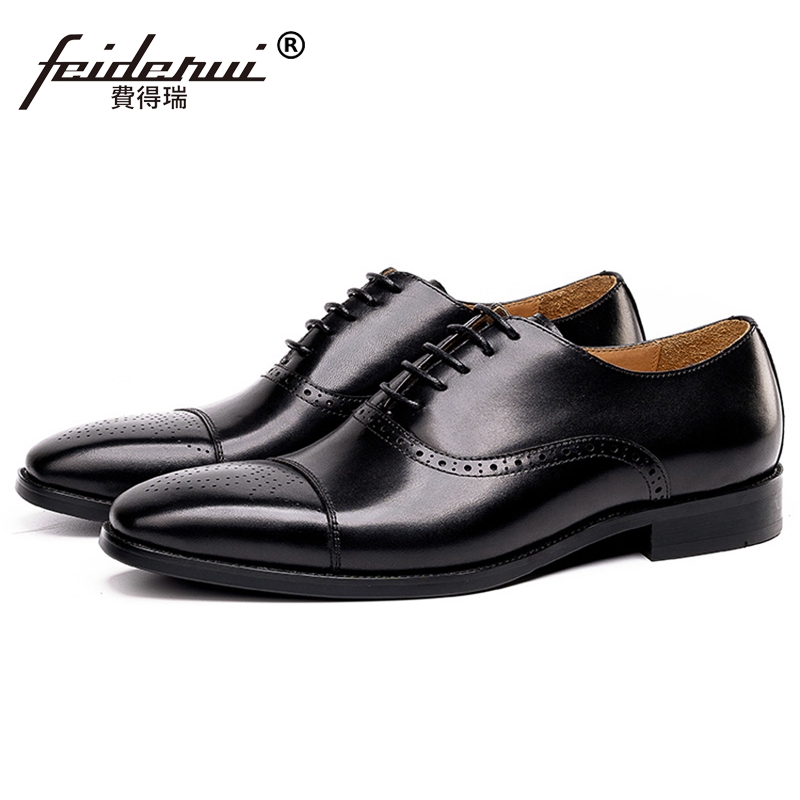 

New Vintage Square Toe Laces Man Formal Dress Shoes Genuine Leather Carved Breathable Oxfords Semi Brogues Men's Flats NHS289, Men brown shoes