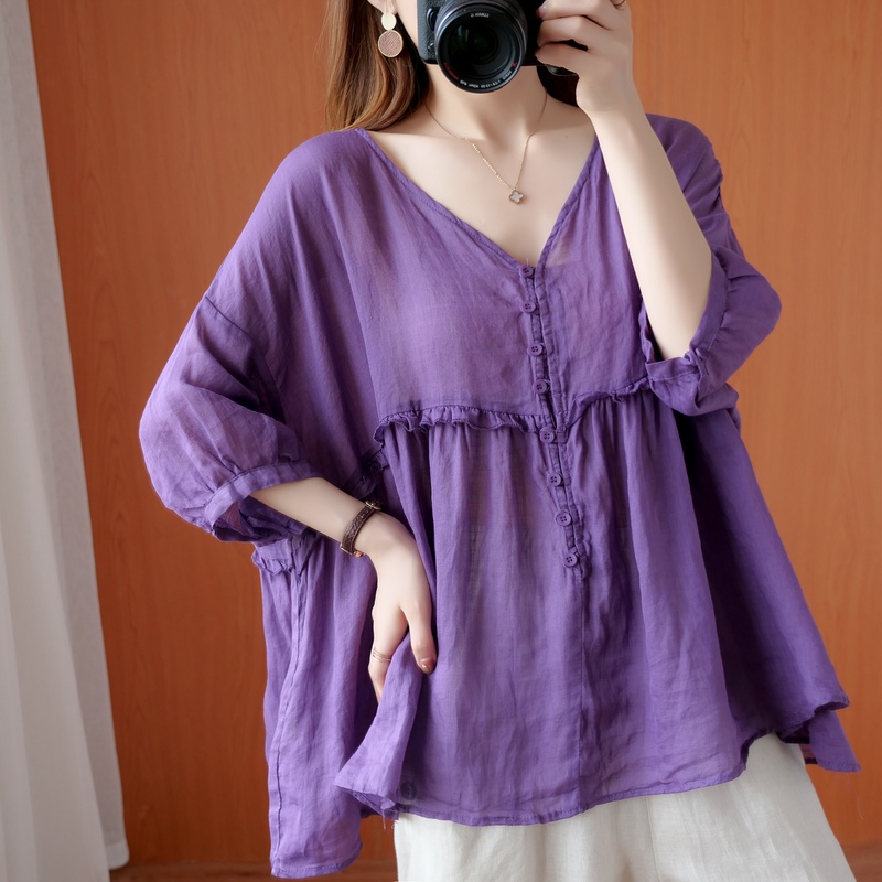 

TingYiLi -4XL Plus Size V-neck Women Blouses Summer Vintage Half Sleeve Ruffle Top Casual Loose Big Size Purple Blouse Shirt