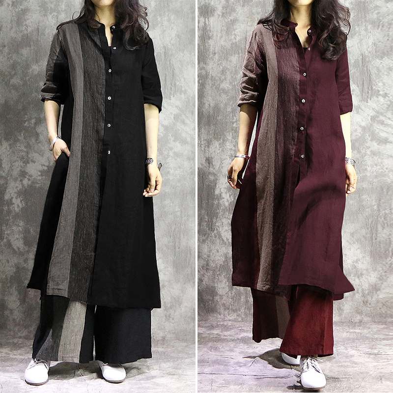 

ZANZEA Women' Shirt Sundress Kaftan Patchwork Mid-Claf Dress Casual Long Sleeve Vestidos Female Button Down Robe Plus Size 5XL, Black