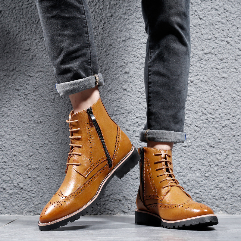 

England style men's casual boots carving brogue cow leather shoes bullock shoe point toe ankle boot zapatos de hombre botas male, Black