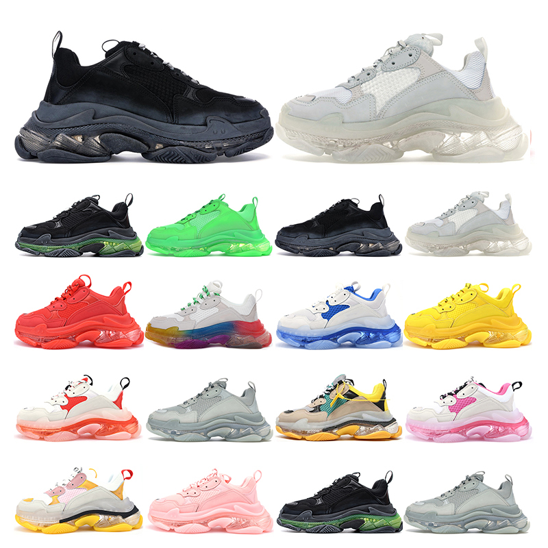 

Top quality triple s fashion mens shoes for women clear sole neon green black white grey vintage men tennis trainers sport sneakers, 7 white bule clear sole