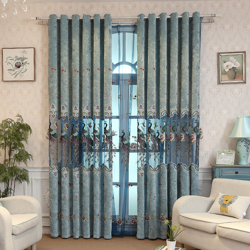

Embroidered Peacock Curtain For Bedroom European Luxury Chenille Royal Blue Gorgeous French Window Treatment Cortinas M043C, Tulle 01