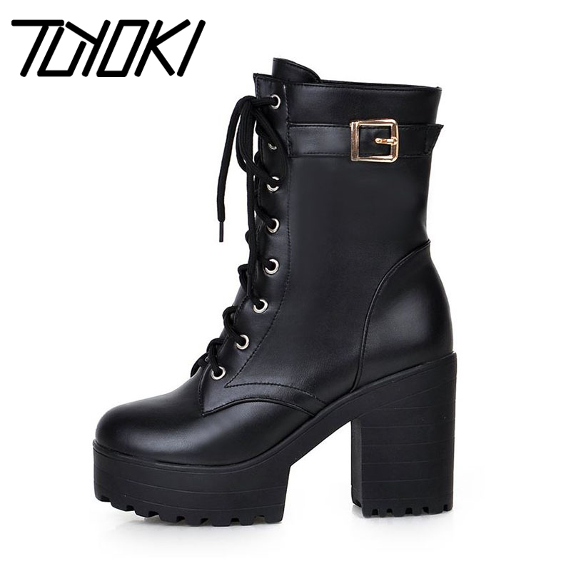 

Tuyoki Mid Calf Boots Black Winter Casual Motorcycle Platform High Heels Fall Round Toe Punk Shoes Women Footwear Size 34-43, Yellow with velvet