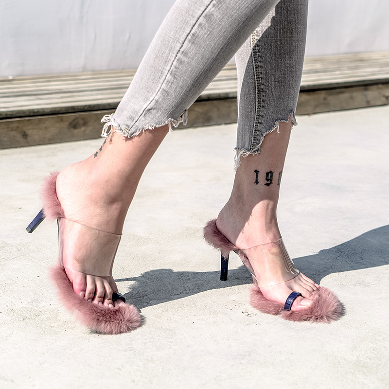 

Feather High Quality Thin High Heels Shoes Women Clip Toe Transparent Real Fur Sandals Flip Flops Sandals, Beige