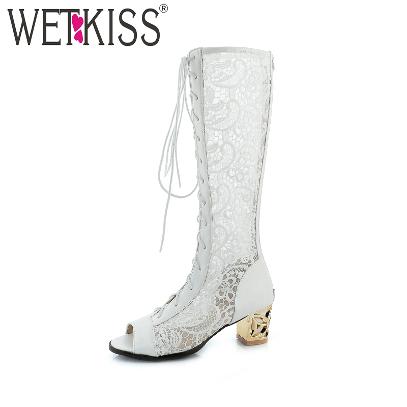 

WETKISS Thick High Heel Knee High Summer Women Boots Peep Toe Zipper Lace Footwear Antumn Fashion Cross Tied Boots Ladies Shoes, Black