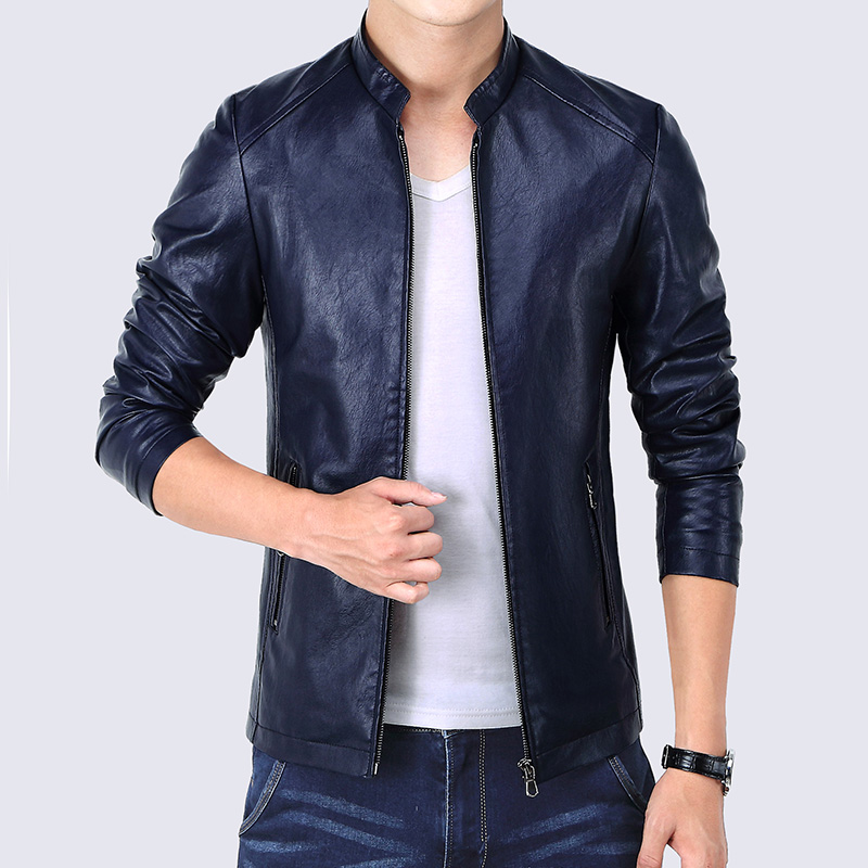 

Korean Slim Fit Faux Leather Jacket Men Zipper Pockets 2020 Fashion Autumn Men's Jackets Black Blue Red Windbreaker Coat Male