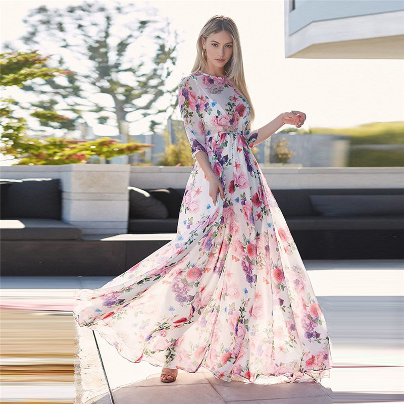 

Women Spring Autumn Dress Lady Elegant Floral Printing Three Quarter Sleeve Casual Beach Dress Evening Party Maxi Vestido, Blue