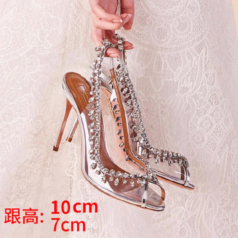 

2020 autumn new fashion crystal sandals rhinestone dress wedding shoes women stiletto high heel fish mouth shoes size, Heel height 7 cm