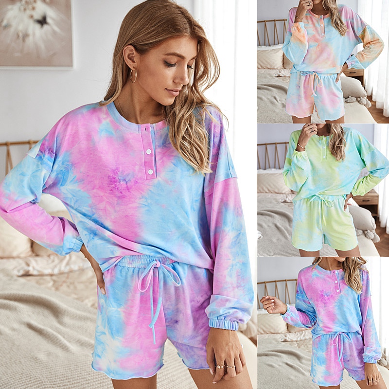 

Womens Tie Dye Printed Ruffle Short Lounge Set Long Sleeve Tops and Shorts 2 Piece Pajamas Set Sleepwear, Yellow