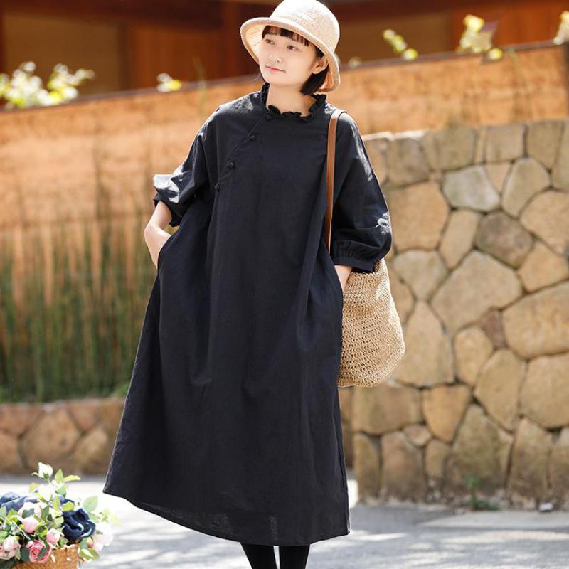 

Johnature Spring Loose Leisure Plate Buckle Ruffled Collar Plus Size Dress 2020 New Comfortable Three Quarter Sleeve Women Dress, Black