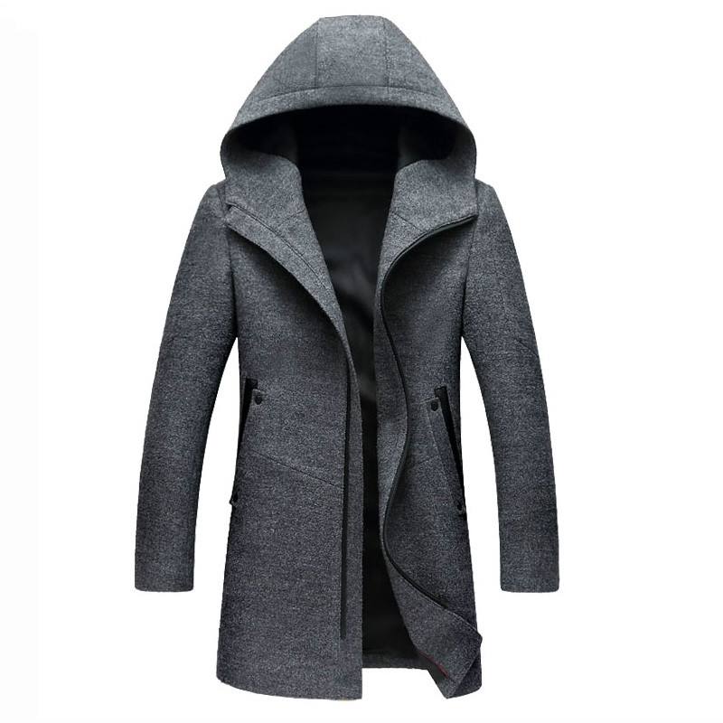 

2020 Mens Business Woolen Long Overcoats Hooded Parka Men Coats Winter Zipper Long Trench Coat & Blends Peacoat, Black