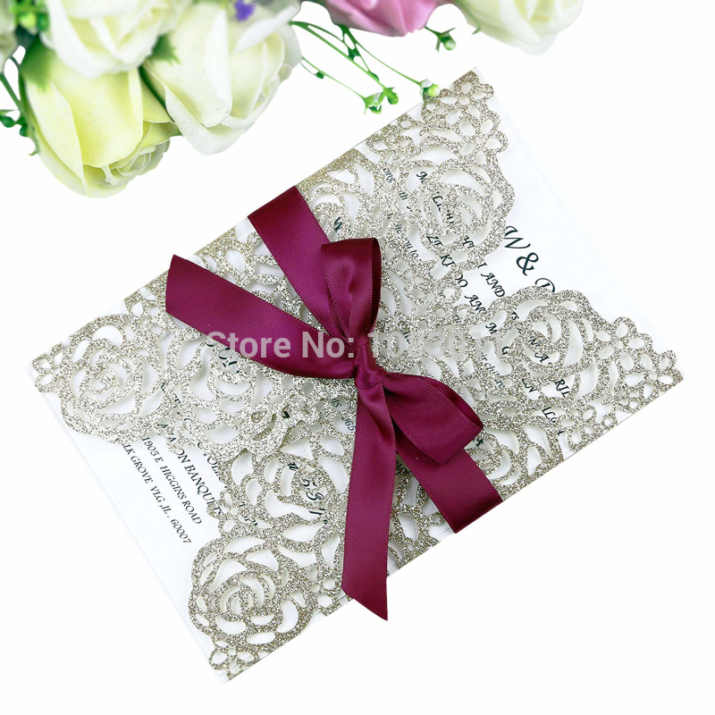 

PONATIA New 20 PCS Laser Cut Invitations Card With Ribbon For Wedding Bridal Shower Engagement Birthday(Champagne Gold Glitter