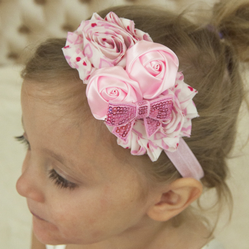 

1PCS Heart Print Shabby Chiffon ruffles Flowers Cute Hair Accessories Sequin Bowknots Flower headbands Boutique Photo Prop Headb, Pick color quantity