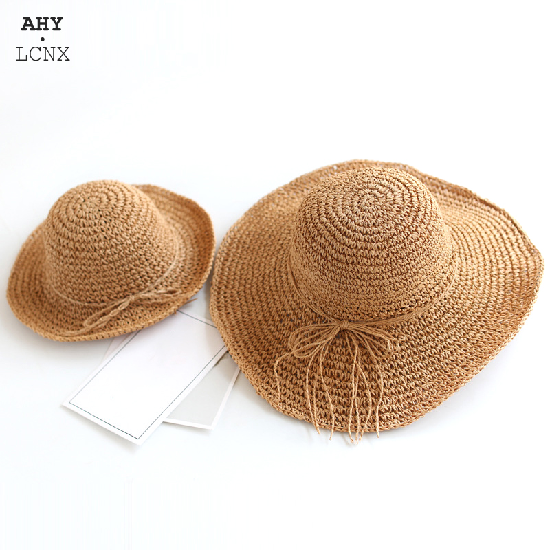 

Summer baby girls panama Beach Hats Adult Children Wide brim straw hat Handmade women kids Parent-child sun hat Foldable Beach, Khaki
