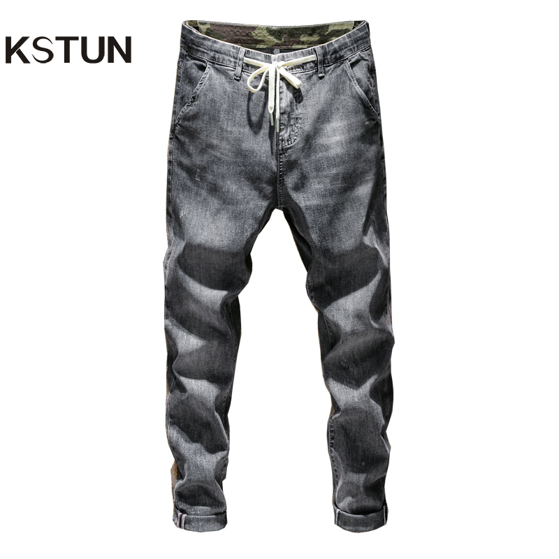 

KSTUN Mens Jeans Grey Elasticity Thin Harem Drawstring Relaxed Tapered Denim Pants Casual Joggers Pants Streetwear Male Trousers, Gray