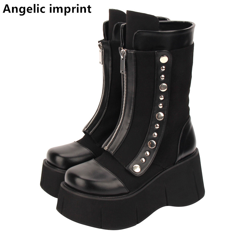

Angelic imprint mori girl Women motorcycle punk boots lady lolita middle Boots woman high heels pumps shoes buckle rivets 33-47, Pu and flock