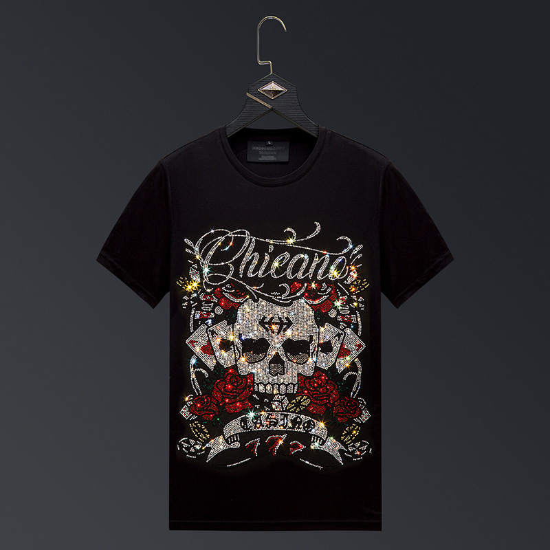 

2020Skull rhinestone T-shirt men's short sleeve 2020 New Ice Silk clothes men's fashion T-shirt men's large size social people, White