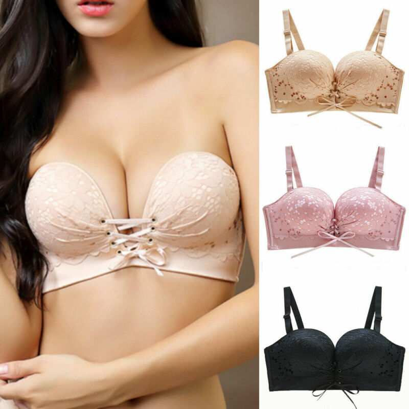 

Women Sexy Every Day Seamless Adjustable Strap Lace Up Hollow Out Back Closure Push Up Bra Brassiere Underwear, Black