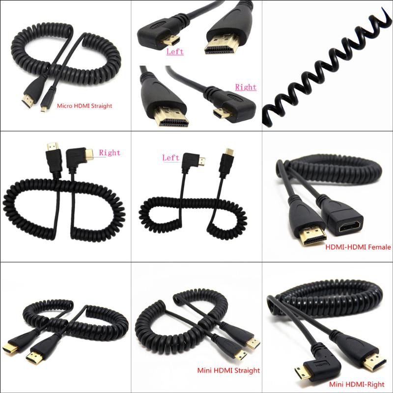 

to Right & Left Angle Mini & Micro male to male stretch Spring Curl Flexible Cable V1.4 DSLR 0.5M/1.5M