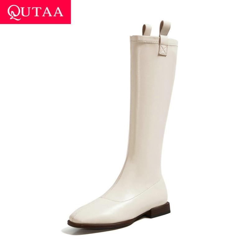 

QUTAA 2021 Buckle Square Toe Square Heel Slip on Women Shoes Autumn Winter Quality PU Leather Fashion Knee High Boots Size 34-43, Black
