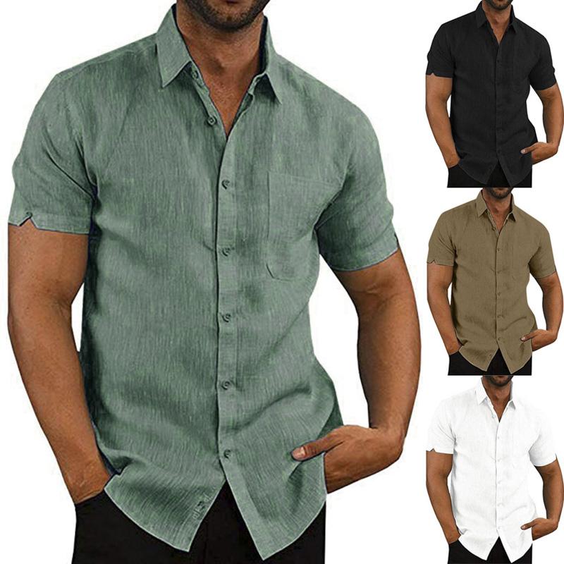 

Cotton Linen Shirts Men Solid Shirt Pockets Turn Down Collar Short Sleeve Beach Holiday Summer Tee Cool Tops Plus Size Mens Clothes, Khaki
