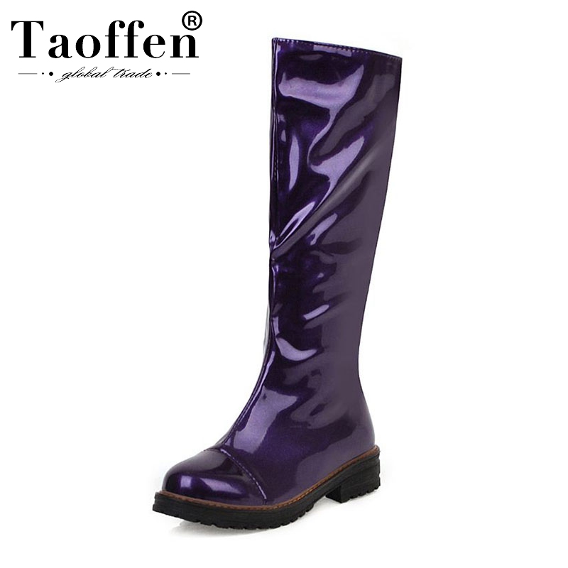

Taoffen Fashion Women Knee High Boots 5 Color Patent Leather Winter Warm Shoes Round Toe Solid Color Women Footwear Size 34-43, Black