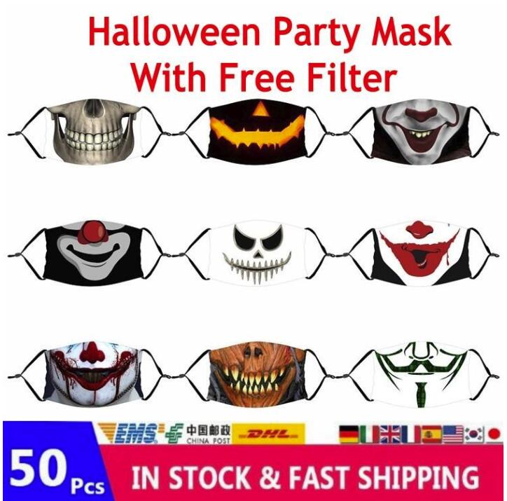 

US STOCK Adults Kids Horror Ghost Anime Party Halloween Face Masks 3D Printed Cotton Washable Reusable Mouth Cover With Free Filter FY9182