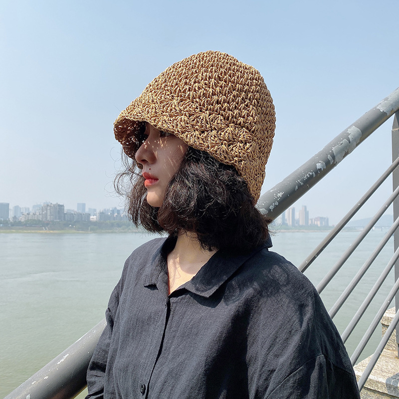 

Handmade Straw Hat Women's Summer Niche Lace Wild Fisherman Hat Shade Sunscreen Bucket Basin, B brown