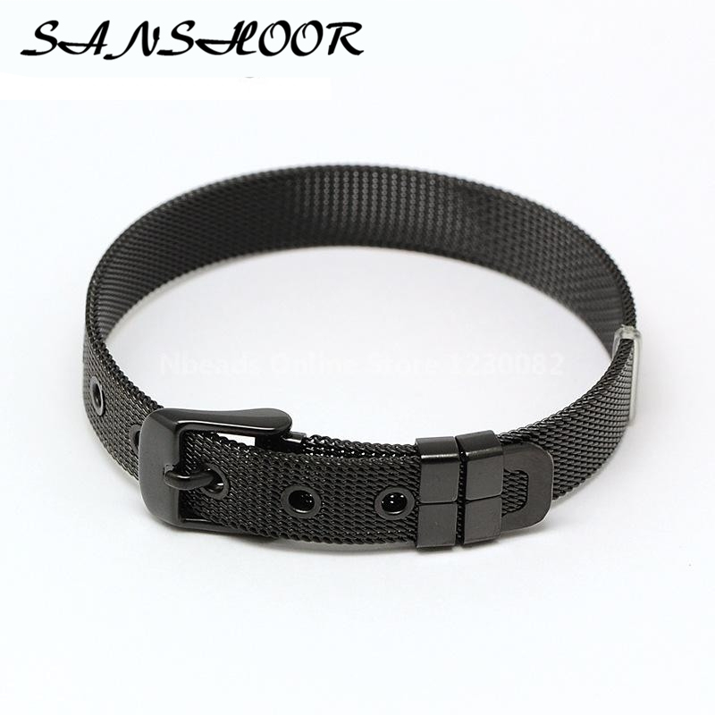 

SANSHOOR 21cm Length Black Stainless Steel Mesh Bracelet Bangles Fit Keepering Collection Charms As Mother's Day Gifts 3Pcs/lot