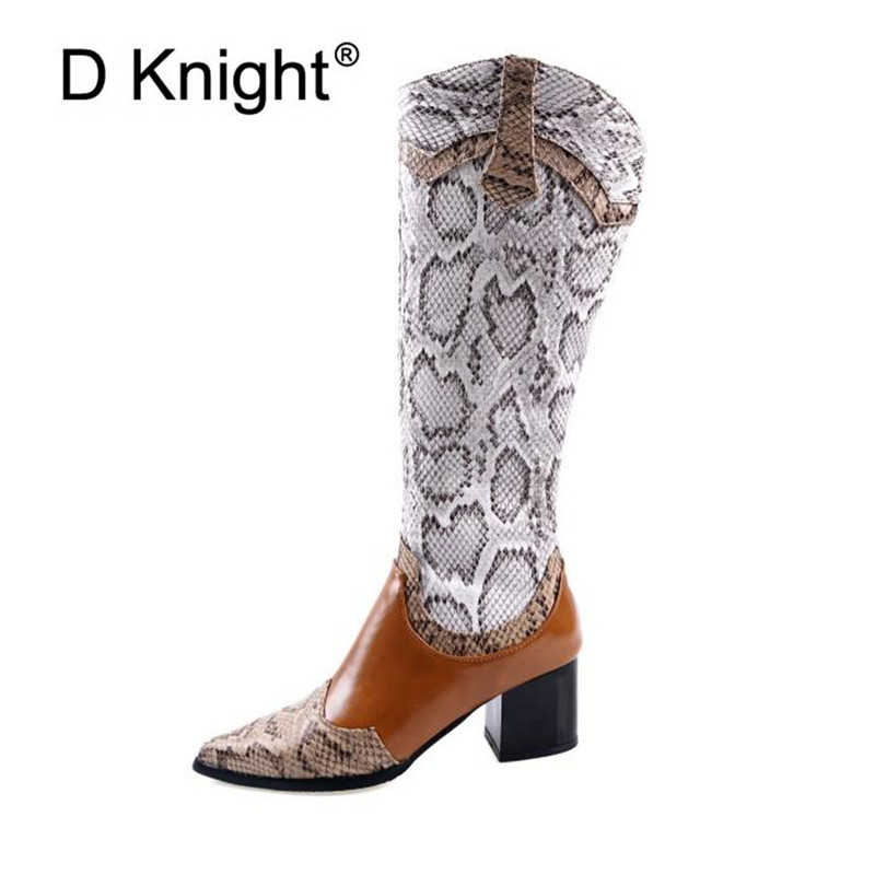 

2020 Fashion Serpentine PU Leather Women Long Boots Shoes Square High Heels Comfort Winter Women Knee High Boots Big Size 32-48, Black u58
