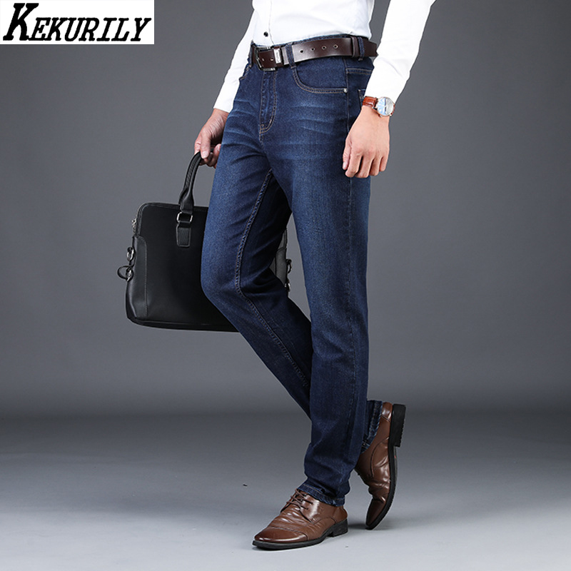 

Autumn Winter Straight Jeans Mens Business Stretch Pants Male Casual Wool Denim Long Trousers Navy Blue Plus Size Jeans for Men
