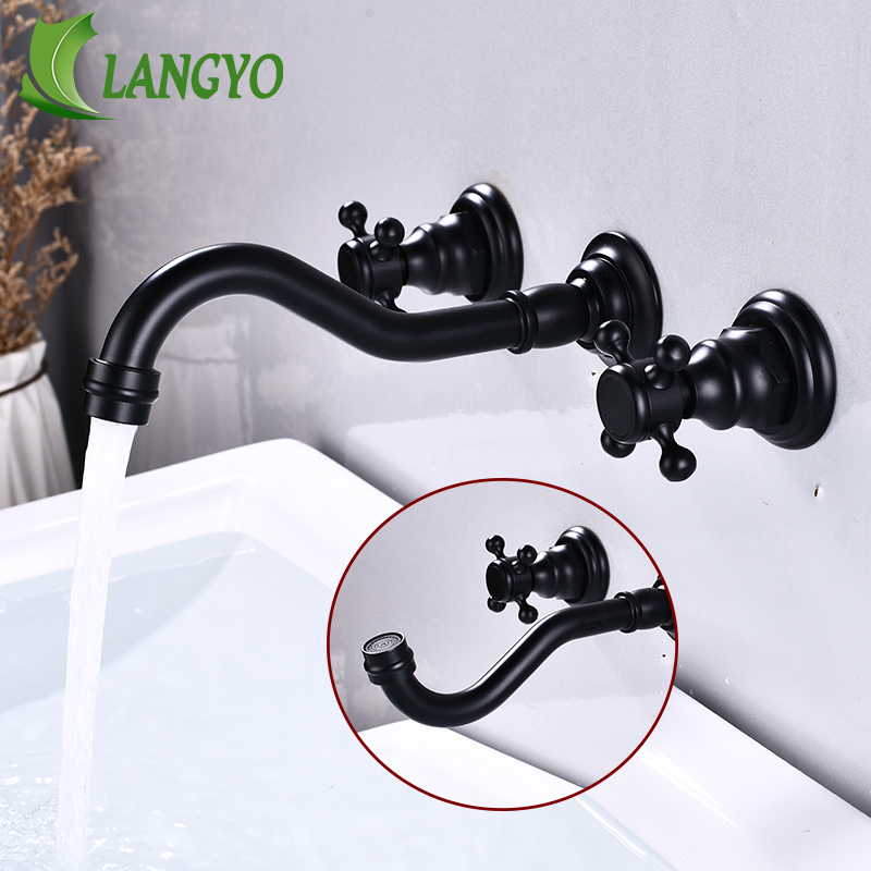 

LANGYO Wall Mounted Basin Faucet Double Handle Three Holes Bathroom Faucet Antique Bronze Brass Bathroom 360 Rotation
